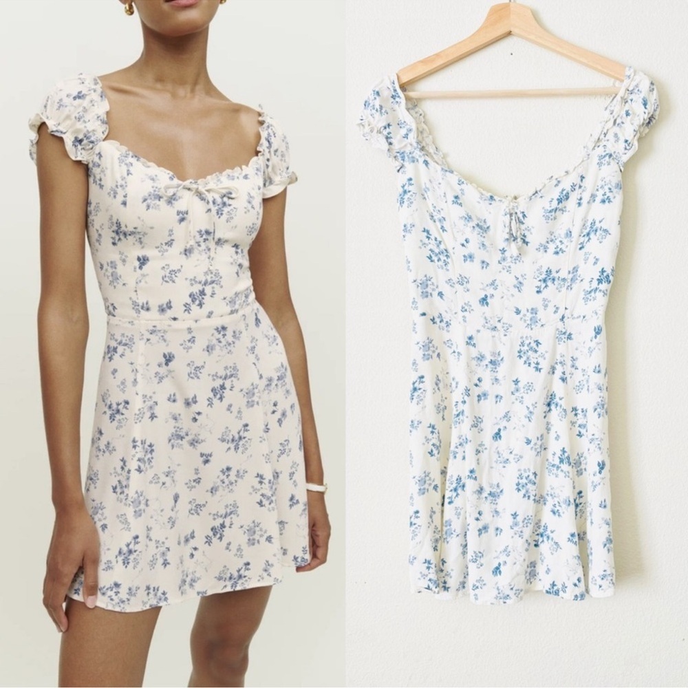 NWT Reformation The Pacey Floral Sweetheart Mini Dress in Lula White Blue Print